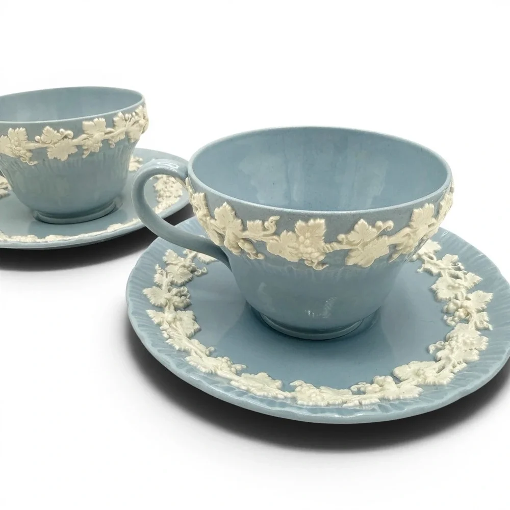 Wedgwood Embossed Queens Ware Blue Grapevine Cup Saucer Set #2243 Set 2 England